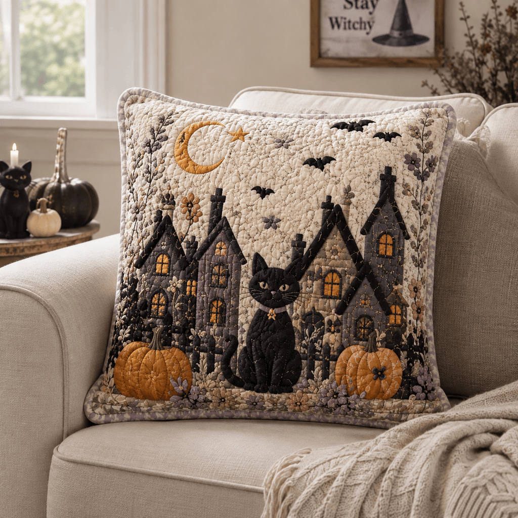 Black Cat Village Quilted Pillow Cover House Decoration Gifts For Teenage Brother - Curranto