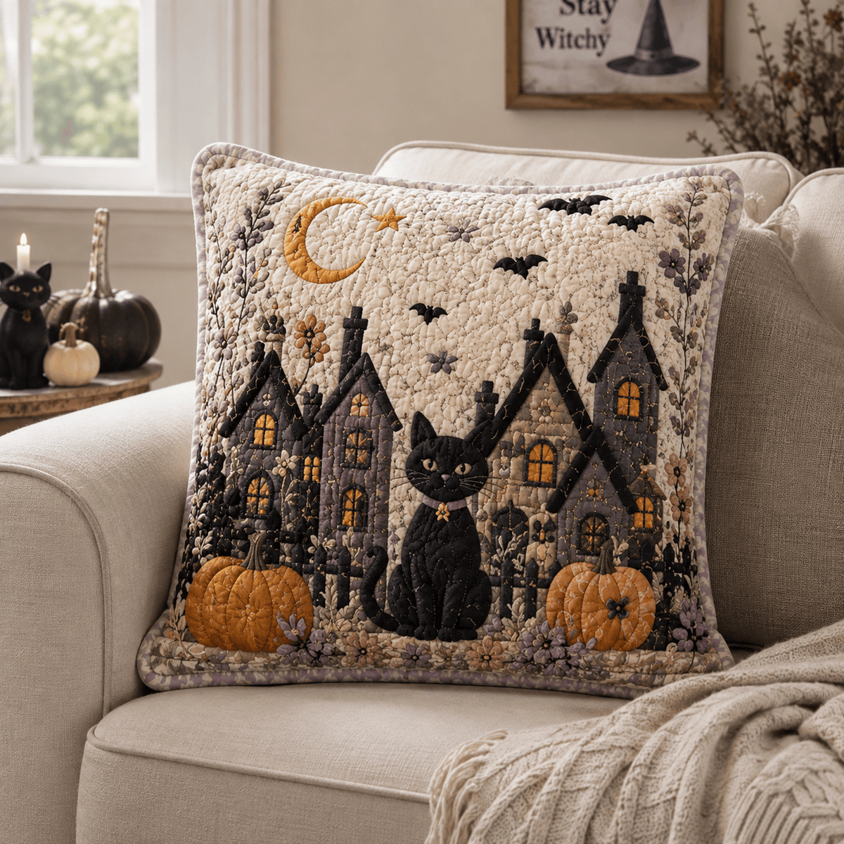 Black Cat Village Quilted Pillow Cover House Decoration Gifts For Teenage Brother - Curranto