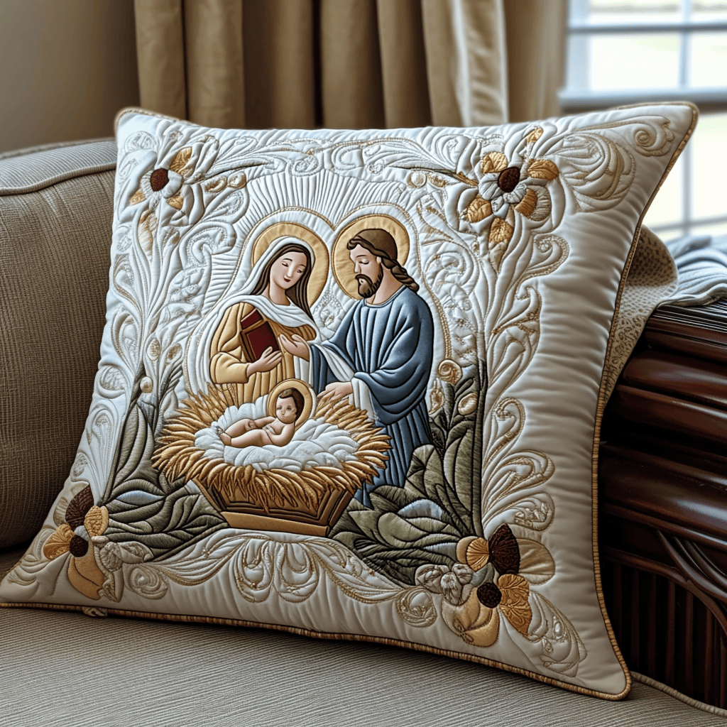 Blessed Manger Quilted Pillow Cover Indoor Holiday Decorations Dad Gifts - Curranto