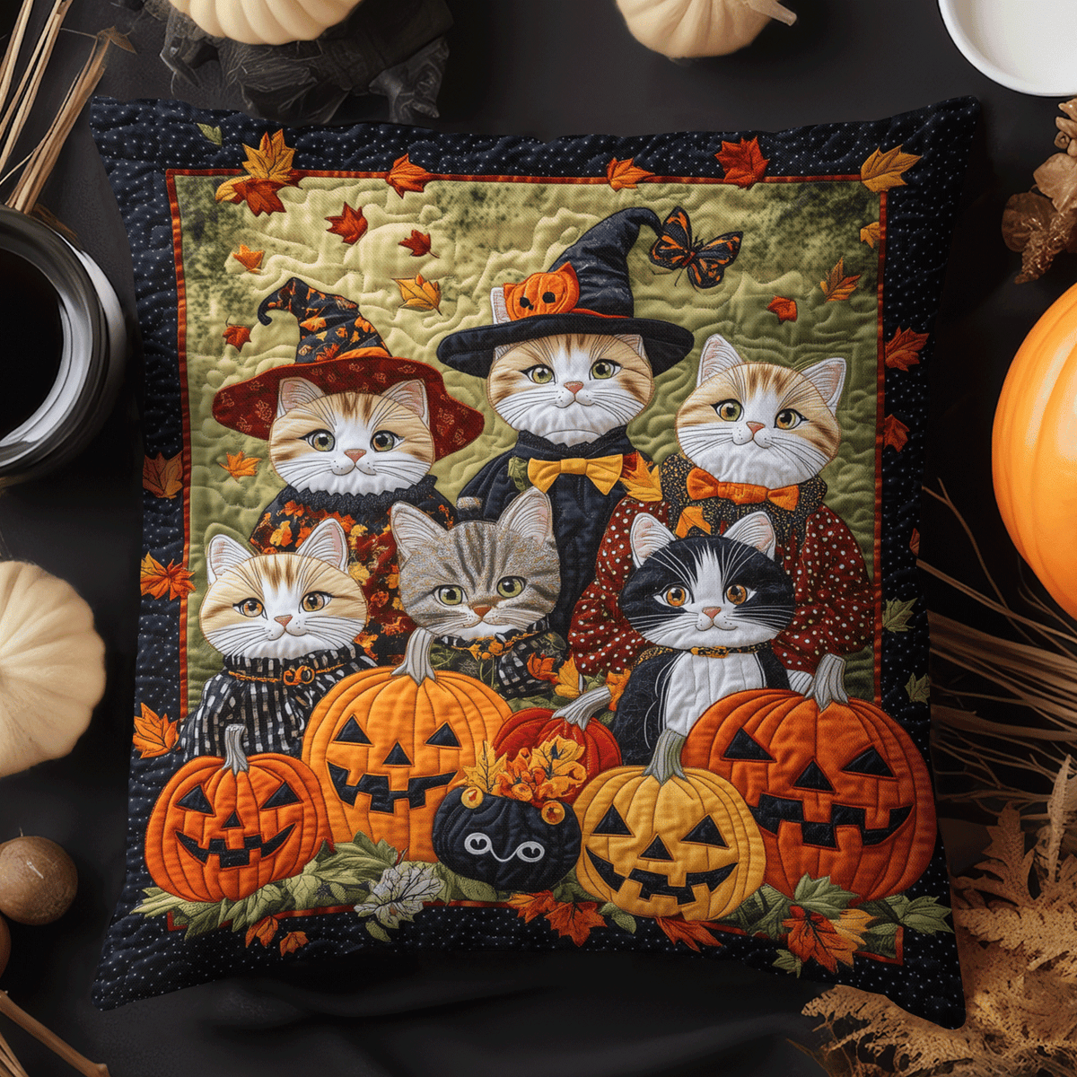 Cat Coven Halloween Quilted Pillow Cover Home Good Decoration Husband Gifts - Curranto