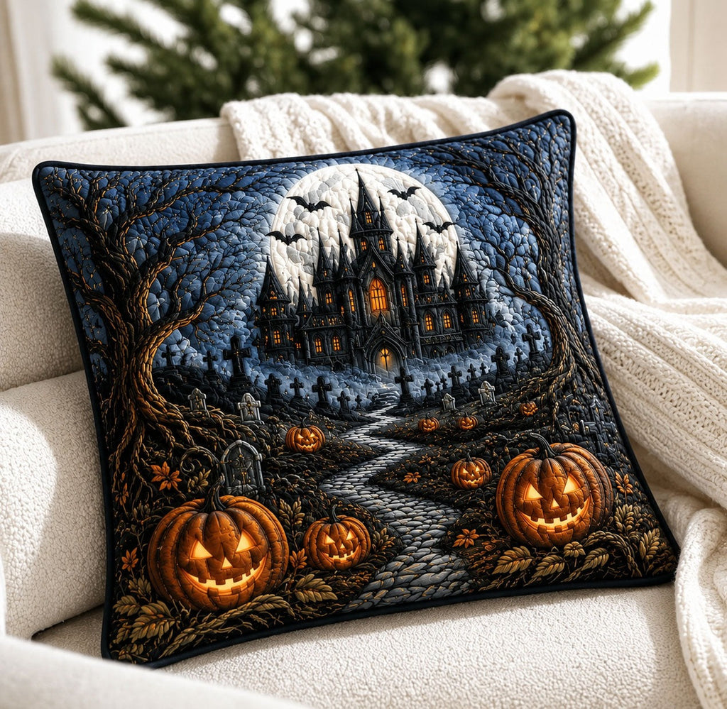 Haunted Castel Pumpkin Quilted Pillow Cover Living Room Decor Sister Halloween Gifts - Curranto