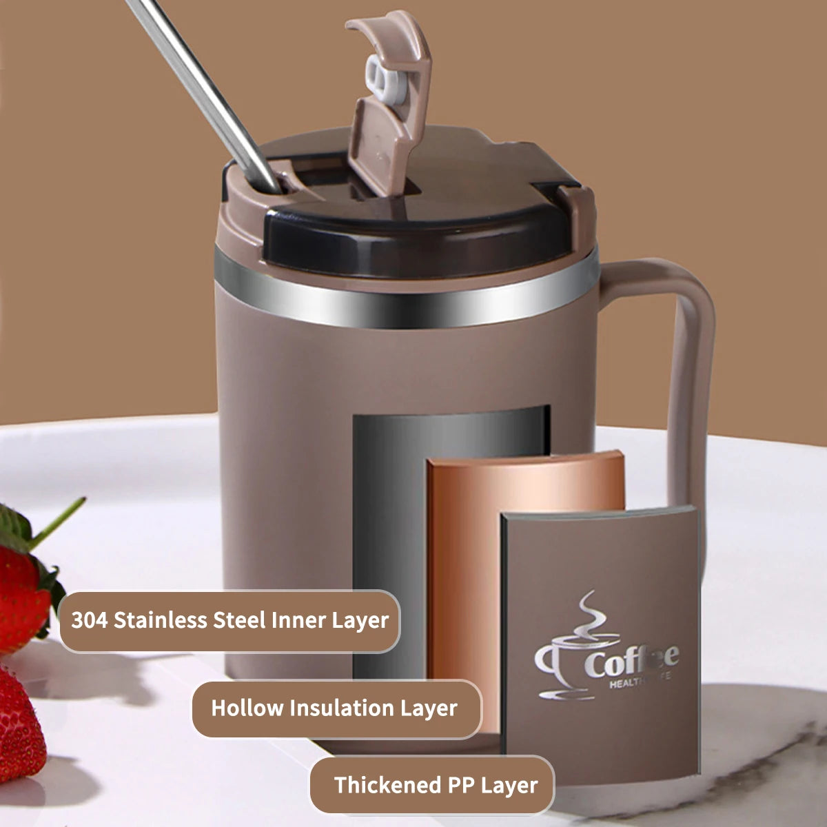 304 Stainless Steel Insulated Coffee Mug with Spoon & Strainer