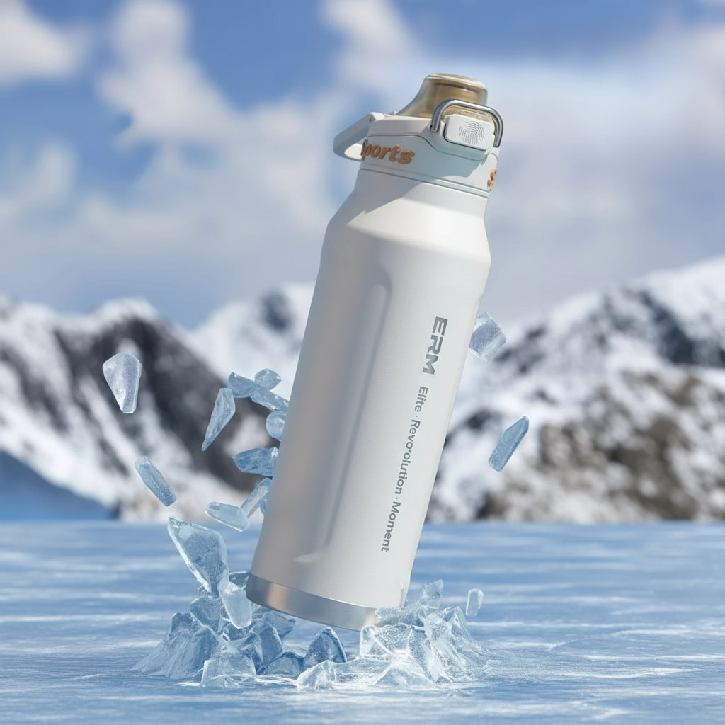 Stainless steel water bottle with ice cubes and promotional text on a snowy background