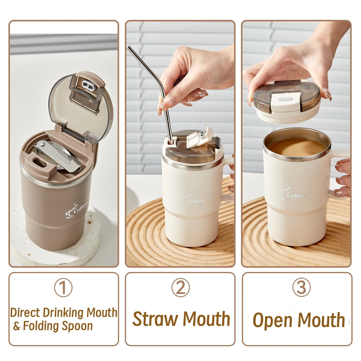 304 Stainless Steel Insulated Coffee Mug with Spoon & Strainer